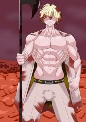 barthone blonde_hair blood bulge limbus_company muscular_male project_moon shirtless_male sinclair_(limbus_company) weapon