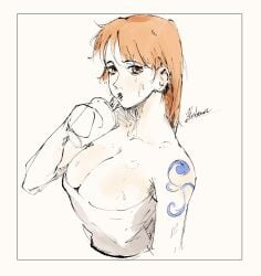 arm_tattoo bon_drawr breasts cleavage cleavage_overflow clothed clothing drinking female female_only large_breasts looking_at_viewer nami nami_(one_piece) one_piece orange_eyes orange_hair sketch sweat sweating tattoo