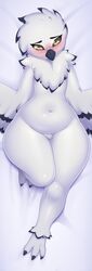 3mangos amelia_abernachy anthro avian beak bird black_feathers blush dakimakura_design eyewear feathered_wings feathers female glasses hi_res looking_at_viewer lying navel nude on_back owl sanctuaryowl slightly_chubby snowy_owl solo talons thick_thighs white_feathers wide_hips wings