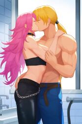 1female1male attractive babe bangs bathroom beautiful blonde_hair blonde_ponytail capcom chains chocker criminal crossover crossover_shipping fantasy fatal_fury fighter fighting_game final_fight hair_tie handsome_man hero indoors jeans jnbu king_of_fighters kissing midriff muscular novelai pink_hair poison_kiss sex sexually_suggestive sexy snk spiky_hair straight street_fighter terry_bogard topless_male video_game_character video_game_franchise video_games window