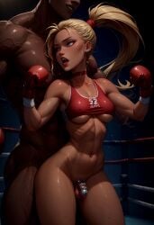 1boy 1futa 2025 2d ai_generated balls blonde_hair blue_eyes box boxing_gloves boy chastity_cage choker dark-skinned_male ear_piercing earrings faceless_male fight fighting_ring flat_chest futa futanari hi_res high_resolution highres ilfb looking_at_another looking_at_partner looking_back looking_pleasured looking_up male male_dominating_futa male_on_futa male_only ponytail self_upload small_breasts standing sweat sweating tan_skinned_futanari tanned_futa testicles trap uncensored