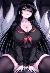 1boy 1girls ai_generated black_eyes black_hair breasts breasts_bigger_than_head cleavage clothed_sex cowgirl_position cum cum_in_pussy cum_inside gigantic_breasts girl_on_top hagoromo_kitsune huge_breasts nine_tailed_fox sex