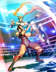 2girls black_hair blue_leotard breasts catfight cleavage cleavage_cutout clothing_cutout commentary crowd domino_mask english_commentary full_body genzoman large_breasts leotard lifting_person mask multiple_girls official_art photoshop_(medium) rainbow_mika stadium street_fighter street_fighter_v wrestling wrestling_outfit yamato_nadeshiko yamato_nadeshiko_(street_fighter)