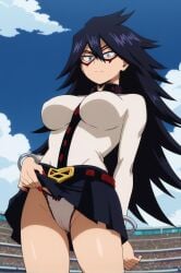 1girls big_breasts black_hair blue_eyes boku_no_hero_academia exhibitionism light-skinned_female light_skin long_hair midnight_(my_hero_academia) my_hero_academia outdoors upskirt