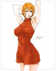 armpits arms_up bon_drawr clothed clothing female female_only nami nami_(one_piece) navel_visible_through_clothes nipple_bulge one_piece orange_hair red_dress tattoo