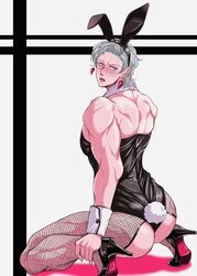 1boy blue_eyes bunny_ears bunny_tail crossdressing earrings gray_hair grey_hair heart_earrings high_heels jean_pierre_polnareff jojo's_bizarre_adventure kamechi lace lace_stockings light_blue_eyes male_focus male_only manly_crossdresser muscle muscles muscular muscular_male solo solo_male stardust_crusaders tagme white_hair