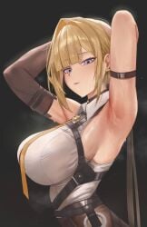 absurdres arm_strap armlet armpit_focus armpits arms_behind_head black_background black_choker black_pants blonde_hair blunt_bangs breasts chest_harness choker collared_shirt commentary elbow_gloves evelyn_chevalier female gloves hair_intakes hair_up harness high-waist_pants highres huge_breasts jewelry looking_down mole mole_under_eye necktie nyan_(kuro_nyan01) pants presenting_armpit purple_eyes shirt sideboob single_elbow_glove sleeveless sleeveless_shirt solo sweat sweaty_armpits tight_clothes white_shirt yellow_necktie zenless_zone_zero