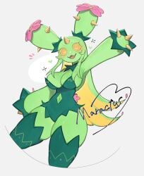 1girls 3_fingers anthro clawed_fingers english_text female female_only generation_5_pokemon green_hair hi_res horn long_hair looking_at_viewer maractus nintendo pokemon pokemon_(species) smiling smiling_at_viewer solo text thick_thighs toge77789 togetoge two_tone_hair white_background yellow_eyes yellow_hair