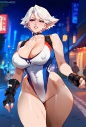 2d ai_generated big_breasts christie_(doa) dead_or_alive female female_focus female_only highleg leotard night outdoors solo solo_female solo_focus tagme white_hair