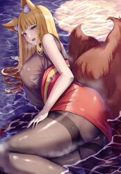 1woman ai_generated ass black_pantyhose blonde_hair brests fox fox_tail fox_woman nice_body pantyhose smile solo thighs water