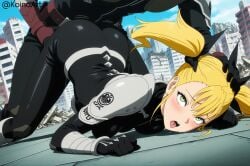 ahe_gao ai_generated arched_back ass_up black_bodysuit blonde_hair bodysuit face_down_ass_up female green_eyes headgear hibino_kafka kaiju_no.8 kikoru_shinomiya koinaart lying_on_stomach medium_breasts penis sex_from_behind shoulder_armor stable_diffusion thick_thighs twintails vagina vaginal_penetration