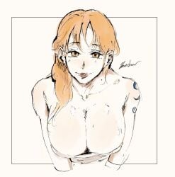 bon_drawr breasts cleavage cleavage_overflow clothing female female_only large_breasts leaning_forward looking_at_viewer nami nami_(one_piece) one_piece orange_eyes orange_hair sketch smile smiling smiling_at_viewer