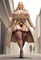 ai_generated ametraxus bimbo blonde_hair blonde_hair bubble_butt hidden_vibrator huge_ass huge_breasts huge_butt jessica_jensen milf mother public public_nudity red_lipstick thick_ass thick_thighs trenchcoat voluptuous