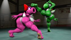 16:9 1boy 1girls 3d 3d_(artwork) angry anthro ass balls barefoot big_breasts big_butt birdo breasts daemont92 digital_media_(artwork) ducking feet female female/male fight fighting_ring girly hi_res kick male mario_(series) mixed_fight nintendo nipples nude pussy roundhouse_kick source_filmmaker tagme thick_thighs video_games voluptuous wide_hips yoshi