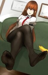 1girls banana brown_hair feet foot_fetish makise_kurisu pantyhose scas school_uniform sofa steins;gate tagme