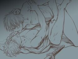 2boys anal anal_sex blush clenched_teeth gay gintama gintoki_sakata hair_grab hangleing hijikata_toshiro leg_grab legs_held_open looking_at_another male male_only missionary_position monochrome nude on_back spread_legs sweat toned toned_male yaoi