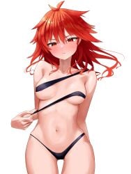 barely_clothed bikini blush duel_monster embarrassed female higasarun hiita_the_fire_charmer pulling_clothing red_eyes red_hair yu-gi-oh!