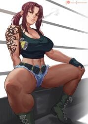 abs assertive_female big_breasts black_lagoon holstered_weapon kasai_x3 lejeanx3 revy short_jeans slim_waist smoking spread_legs tank_top