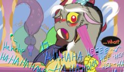 2019 anus backsack balls ballsack blush discord_(mlp) draconequus embarrassed english_text erection friendship_is_magic frist44 front_view hi_res knot looking_at_viewer male mirror my_little_pony nude open_mouth penis raised_tail red_eyes reflection solo speech_bubble straight_hair text