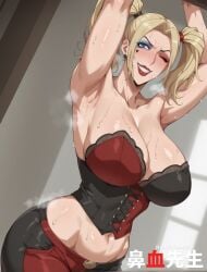 1girls ai_generated armpits arms_up batman_(series) blonde_hair breasts corset dc_comics evil_grin eyeshadow hanajisensei harley_quinn huge_ass huge_breasts makeup mature mature_female mature_woman multicolored_hair red_lipstick slender_waist sweat thick_thighs twintails 鼻血先生