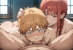 2boys ai_generated ass assisted_fellatio bangs between_legs bi_domination bisexual bisexual_male blonde_hair braid chainsaw_man constricted_pupils cooperative_fellatio deepthroat denji_(chainsaw_man) encouragement fellatio female female_supporting_yaoi femdom forced forced_oral forced_yaoi gay gay_blowjob hairy_male hand_on_another's_head high_resolution highres irrumatio makima_(chainsaw_man) male_on_male malesub mmf_threesome nude oral_sex orange_eyes penis pov pubic_hair red_hair self_upload sexual_coaching short_hair single_braid spiral_eyes straight_to_gay testicles threesome uncensored yaoi