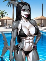 ai_generated animal_humanoid anthro bikini bikini_bottom bikini_top dangerous deergirlfit furry muscular muscular_female pool poolside scalie seductive seductive_look seductive_smile shark shark_fin shark_girl shark_humanoid shark_tail shark_teeth strong_female toned toned_body toned_female
