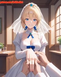 1girls ai_generated artifical_art athletic athletic_female blonde_hair blue_eyes bride cute cute_face fate/grand_order fate/stay_night fate/zero fate_(series) light-skinned_female light_skin pale-skinned_female pale_skin perky_breasts saber seductive skinny_girl thin_waist