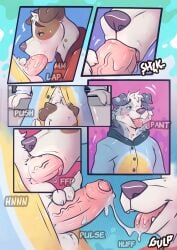 2boys absurd_res anthro baileyx bandit_heeler blowjob_face bluey_(series) blush bodily_fluids border_collie breath brown_body brown_fur canid canine canis chilli_heeler clothed clothed_sex clothing collie comic cum cum_drip cum_in_mouth cum_inside cum_on_face domestic_dog dripping duo ejaculation fellatio floppy_ears fluffy fur gay gay_blowjob gay_sex genital_fluids genitals herding_dog hi_res hunting_dog jack_russell_terrier kigurumi male male/male mammal markings multicolored_body onesie onomatopoeia open_mouth oral orgasm orgasm_face panting pastoral_dog penile penis saliva saliva_on_penis sex sheepdog smile sound_effects spots spotted_body standing teeth teeth_showing terrier text tongue tongue_out white_body white_fur