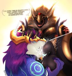 absurd_res anthro armor aurelion_sol_(lol) balls blue_body bodily_fluids cum cum_drip cum_in_mouth cum_inside cum_on_face cum_on_penis digital_media_(artwork) dragon dripping duo eastern_dragon ejaculation erection fan_character fur genital_fluids genitals hair hexkates hi_res league_of_legends machine male male/male male_penetrated male_penetrating male_penetrating_male mythological_creature mythological_scalie mythology nude oral oral_penetration penetration penis protogen protogen_visor riot_games saliva scalie sex simple_background speech_bubble tencent text