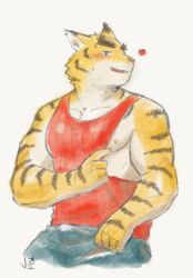 anthro biped blush bulge clothing erection erection_under_clothing eyebrows felid heart hi_res jeck male male_only mammal morenatsu muscular muscular_male nipples pantherine pecs shirt smile solo tank_top thick_eyebrows tiger topwear torahiko_(morenatsu) undressing