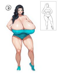 ai_generated black_hair blush cleavage female_only gigantic_breasts muscular_thighs number one-piece_swimsuit ponderousorbs shocked_expression tagme thick_thighs voluptuous