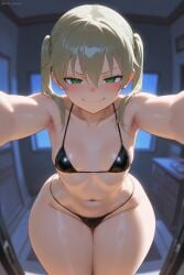 1girls ai_generated arfx bangs black_bikini blonde_hair blush bottom_heavy breasts collarbone curvy green_eyes hi_res hips long_hair looking_at_viewer maka_albarn micro_bikini naughty_face navel pov seductive seductive_look seductive_smile sexy slim_thick slim_waist small_breasts smug soul_eater stomach sweat thick_thighs twintails wide_hips