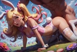 ai_generated brokentoys bunny_costume bunny_ears bunny_girl bunny_tail bunnysuit defeated doggy_style doggy_style easter easter_egg flower_in_hair flowers hermes113 rape raped twintails