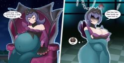 1girl1boy after_vore bad_end bellelba big_breasts breast_expansion brown_hair censor_bar censored_eyes crossed_arms crown dark55321 dialogue digested_prey dress english_text implied_vore nate_(pokemon) pokemon pokemon_bw2 pokestar_studios post_vore prince queen sabrina_(pokemon) short_hair sideboob sitting smug stomach_bulge tagme thick_thighs thigh_expansion throne vore vore_belly weight_gain