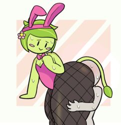 ass big_ass blush bunnysuit faceless_male facesitting femboy fishnets gay green_skin leaf lewdrobber yaoi