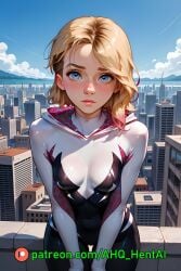 1girls ahq_hentai ai_generated blonde_hair blush bodysuit breasts gwen_stacy gwen_stacy_(spider-verse) medium_breasts on_roof patreon perfect_body spider-man_(series) spider-verse stable_diffusion