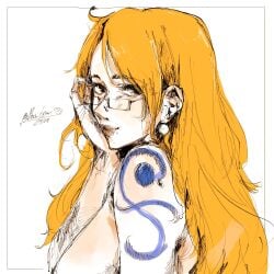 arm_tattoo bon_drawr earrings female female_only glasses looking_at_viewer nami nami_(one_piece) nude one_piece orange_hair sideboob sketch tattoo