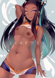 1girls abs aqua_eyes aqua_hair areolae arm_behind_head arm_up armpits bare_shoulders belly black_hair blue_eyes blue_hair blush breasts breasts_out casual casual_nudity clothed dark-skinned_female dark_skin deviantart ear_piercing earrings eye_contact eyelashes eyeshadow female hair_ornament half-closed_eyes hoop_earrings human leaftter long_hair looking_at_viewer makeup navel nessa_(pokemon) nintendo nipples no_panties open_mouth pokemon pokemon_ss pose pussy pussy_peek shirt shirt_lift short_shorts shorts sidelocks small_breasts smile solo standing text thigh_gap thin_waist toned tongue tongue_out two_tone_hair watermark wide_hips