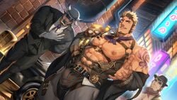 3boys abs another_eidos_of_dragon_vein_r anothereidos_of_dragon_vein_r anthro assless_pants bara beard beefy belt biceps big_areola big_breasts big_bulge blonde_hair bovine bovine_humanoid brick_wall brown_hair buckle bulge bulge_through_clothing bull_horns car chauffeur_uniform city daddy dilf driver exposed_breasts exposed_nipples furry gay gloves happy_trail hat hi_res horn human hunk looking_at_viewer magritte male male_breasts male_only manly mature_male monocle multicolored_hair muscles muscular muscular_arms muscular_male neckerchief night nullqllun open_mouth oppai orange_eyes outdoors pecs pocket_watch salute short_hair sideburns six_pack skimpy standing steampunk straps striped striped_legwear tattoo tattooed_arm thick_arms tight_clothing tough_guy two-tone_hair welcoming yaoi