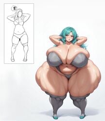 ai_generated belly brown_eyes chubby cleavage cleavage_overflow female_only hands_behind_head huge_ass huge_breasts hyper hyper_thighs massive_ass muscular_thighs ponderousorbs shortstack smaller_female tagme teal_hair white_background wide_hips