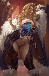 1girls aleriia_v big_breasts blonde_hair blue_eyes corset curvaceous curvy curvy_figure female heterochromia hip_dips huge_breasts indoors leather leather_clothing lerapi lipstick looking_at_viewer massive_breasts tagme tagme_(character) thicc_thighs thick_thighs