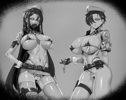 2girls ass belt bikini_top bikini_top_only body_writing breasts breasts_apart choker cuffs_(clothing) earrings female female_focus gloves greyscale hair_between_eyes hair_over_one_eye handcuffs hs_mollu huge_breasts id_card inner_sideboob large_breasts long_hair looking_at_viewer mask medium_hair monochrome multiple_girls navel necktie necktie_between_breasts nipple_piercing nipple_piercing_identification pierced_nipples police police_hat police_uniform policewoman practically_nude simple_background skindentation thick_thighs thigh_strap thighhighs uncensored underboob