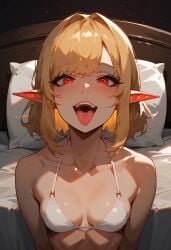 ai_assisted ai_generated bedroom blonde_hair elf female pointy_ears red_eyes white_bikini