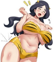 1girls big_breasts bikini bikini_bottom bikini_top black_hair blush bottomwear breasts cleavage closed_eyes cosplay drasna_(pokemon) fake_horns female female_only game_freak hair horns huge_breasts long_hair lum_(cosplay) maki_ikazuya mature mature_female mature_woman milf mother pokemon pokemon_xy solo solo_female sweat sweatdrop tiger_print tiger_print_bikini topwear urusei_yatsura yellow_bikini