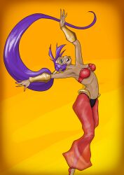 1girls alternate_version_available armwear big_breasts blue_eyes bottomwear breasts cleavage ear_piercing earrings female_only footwear full_body hair hips hoop_earrings o-ring o-ring_top pants pointy_ears ponytail purple_hair red_pants rot_seraph sandals shantae shantae_(character) smile solo solo_female tied_hair topwear yellow_background