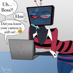 bent_over breasts cleavage collarbone computer english english_text female female_only genderswap_(mtf) hazbin_hotel hourglass_figure maplesyrupfiend rule_63 striped_clothing stripes unaware vox's_assistant_(hazbin_hotel) vox_(hazbin_hotel) zoom_meeting