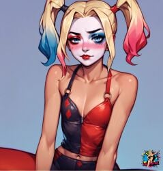 ai_generated batman_(series) blonde_hair doctor_payne embarrassed harleen_quinzel harley_quinn petite sfw tan_body