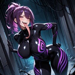 ai_generated alien_girl breasts latex open_mouth purple_body purple_hair tongue