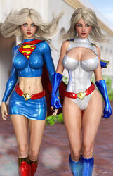 2girls 3d abs argoan belly_button belt big_breasts blonde_hair blue_boots blue_cape blue_eyes blue_gloves blue_miniskirt blue_shirt blue_skirt blue_topwear boots breasts busty cape cleavage cleavage_cutout curvaceous curvy dc dc_comics earth-2 earth2 earth_2 erect_nipples erect_nipples_under_clothes eyeshadow female female_only fit fit_female front_view jsa justice_league justice_society justice_society_of_america kara_zor-el kara_zor-l karen_starr kryptonian large_breasts leotard lipstick long_hair makeup mascara midriff miniskirt multiple_girls muscular muscular_female nail_polish navel nipple_bulge nipples pinup power_girl red_belt red_boots red_cape red_lips red_lipstick red_nail_polish red_nails shirt signature skirt standing stomach supergirl superheroine superman_(series) thick_thighs thighs tiangtam toned toned_female topwear voluptuous white_leotard