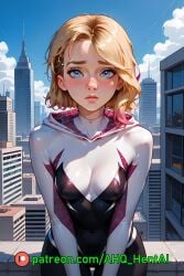 1girls ahq_hentai ai_generated blonde_hair blush bodysuit breasts gwen_stacy gwen_stacy_(spider-verse) medium_breasts on_roof patreon perfect_body spider-man_(series) spider-verse stable_diffusion